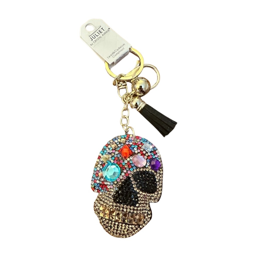 Black and Multicolor Crystal Skull Keychain‎